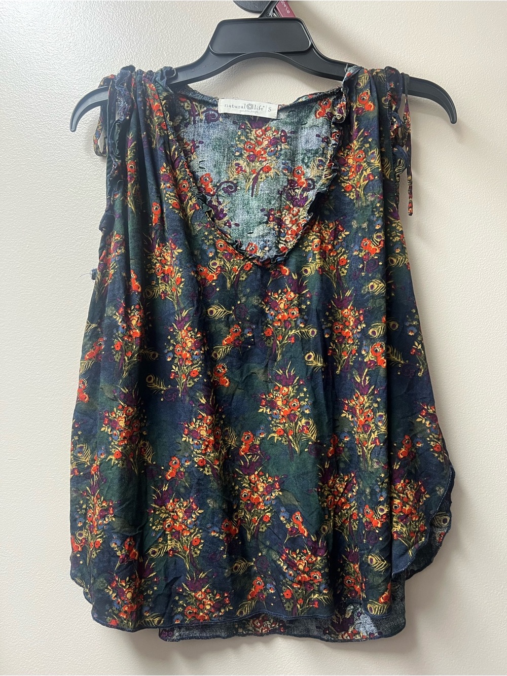 Natural Life Ramona Sleeveless Top Flowy Floral Boho Ruched Shoulder with Tie S